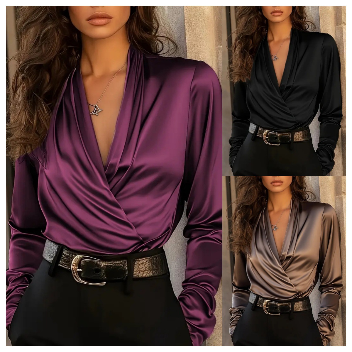 Women'S Formal Evening Wear Tops - Kadın Saten Kruvaze V Yaka Uzun