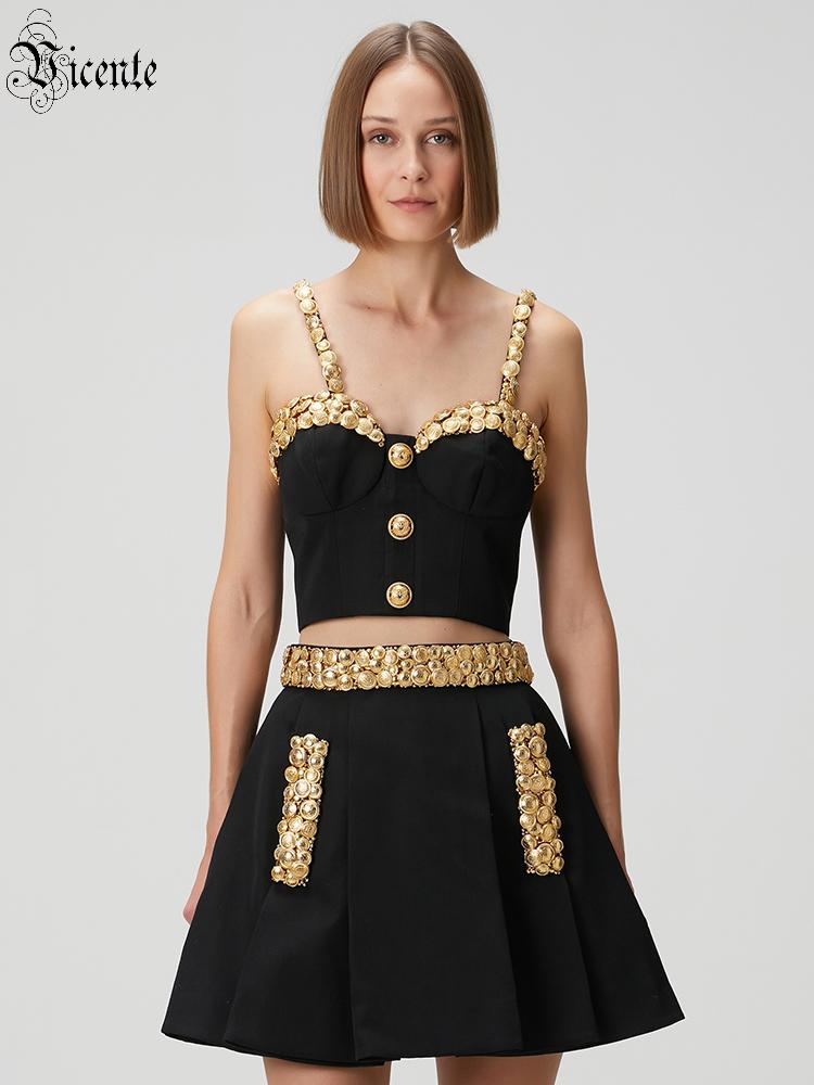 Women'S Formal Evening Wear Tops - Altın Düğmeli VC Siyah İki Parçalı