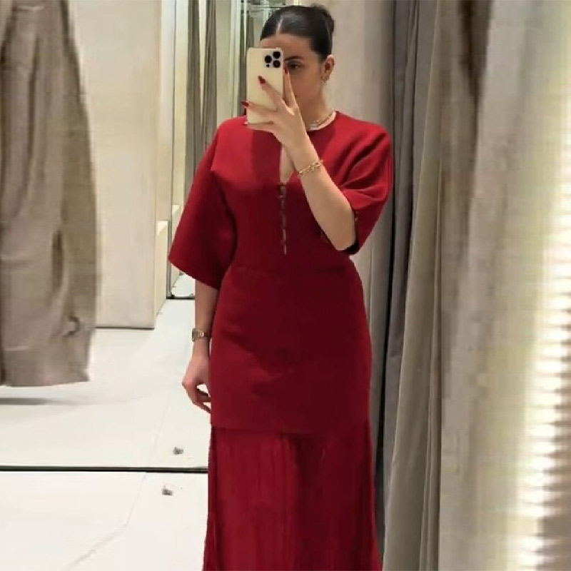 Women'S Formal Evening Wear Tops - Kadın Zarif Bordo Pileli Maxi Elbise