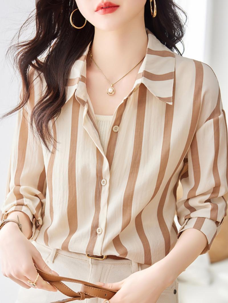 Women'S Formal Evening Wear Tops - Kayısı çizgili uzun kollu gömlek kadın