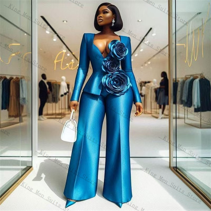 Women'S Formal Wear Wedding Guest - Mavi Saten Kadın Takım Elbise Seti