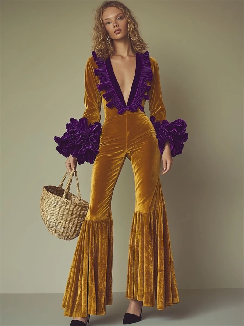 Women'S Formal Wear Wedding Guest - Sarı Mor Kadife Kadın Tulum Seksi